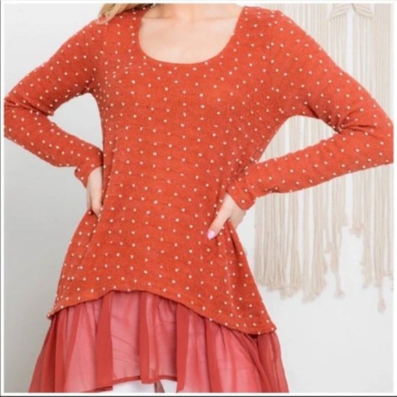 SALE ๐๏ธNEW Rue A'VERE Rust/Orange Gorgeous Light Sweater with Chiffon bottom - Picture 2 of 6